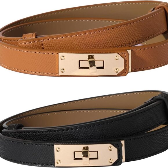 Women Skinny Leather Belt Solid Color Alloy Turn Lock Adjustable Waistband for D